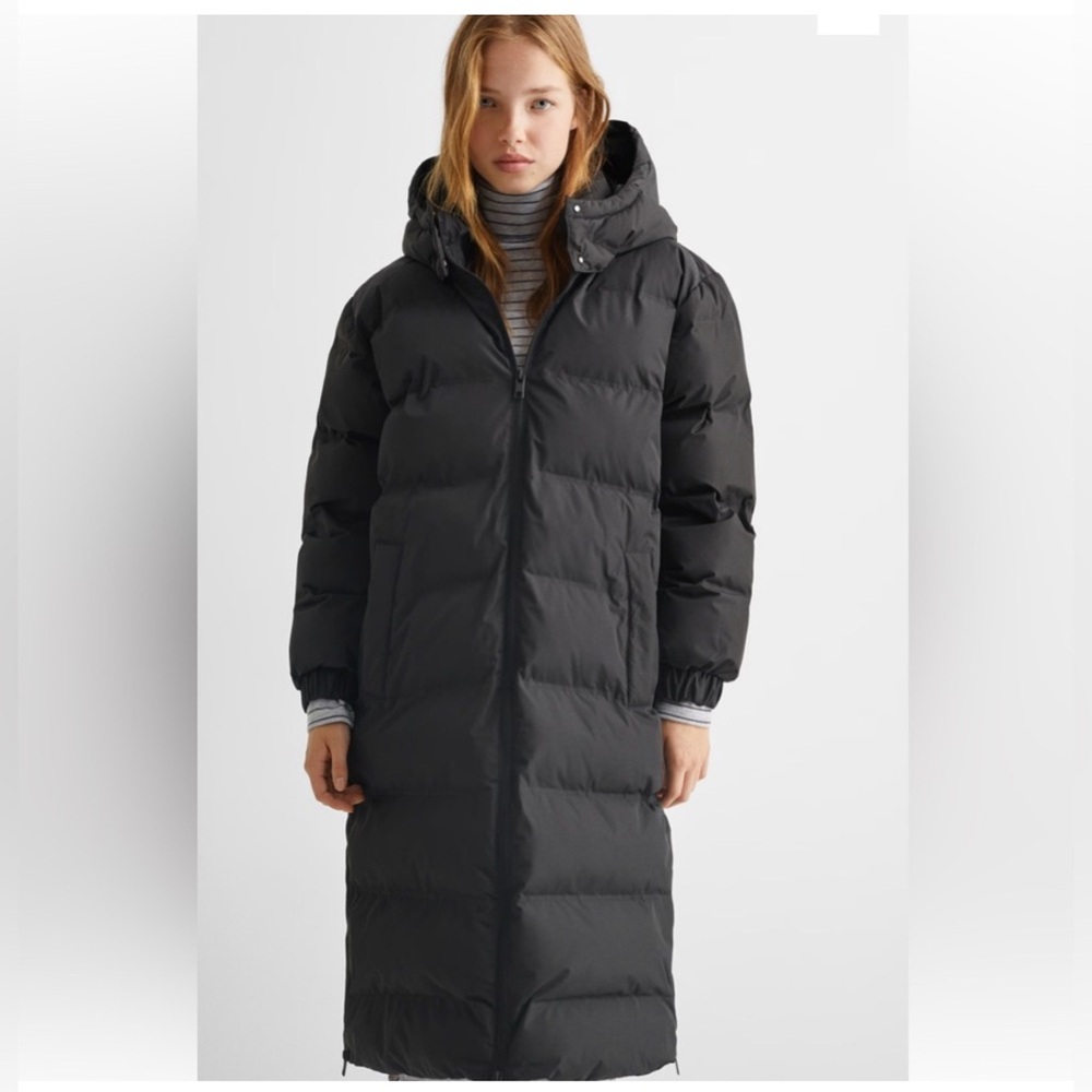 Mango Long Black Hooded Puffer Coat